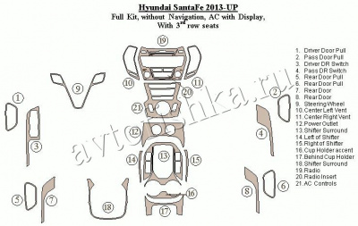 Декоративные накладки салона Hyundai Santa Fe 2013-н.в. Полный набор, без навигации, климат-контроль с дисплеем, с 3 рядом сидений.