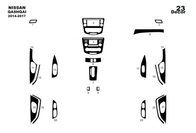 Nissan Qashqai (14-17) декоративные накладки (отделка салона 23 элемента) под дерево, карбон, алюминий